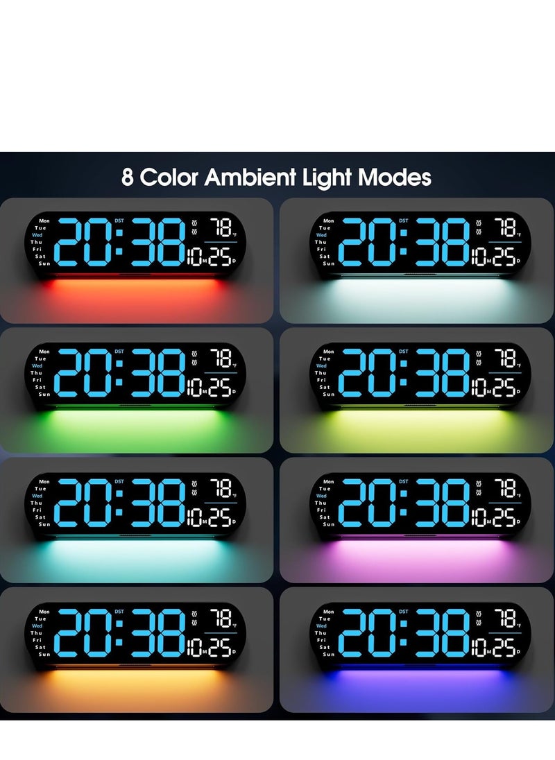 Digital Wall Clock Large Display, 14 inch Large Digital Wall Clock with RGB Color Remote Control, Date Week Temperature DST, Auto Brightness Dimmer Big Clock with Night Lights