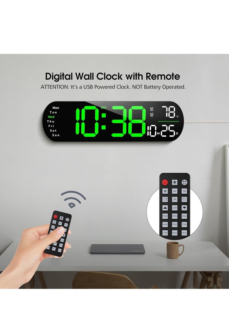 Digital Wall Clock Large Display, 14 inch Large Digital Wall Clock with RGB Color Remote Control, Date Week Temperature DST, Auto Brightness Dimmer Big Clock with Night Lights