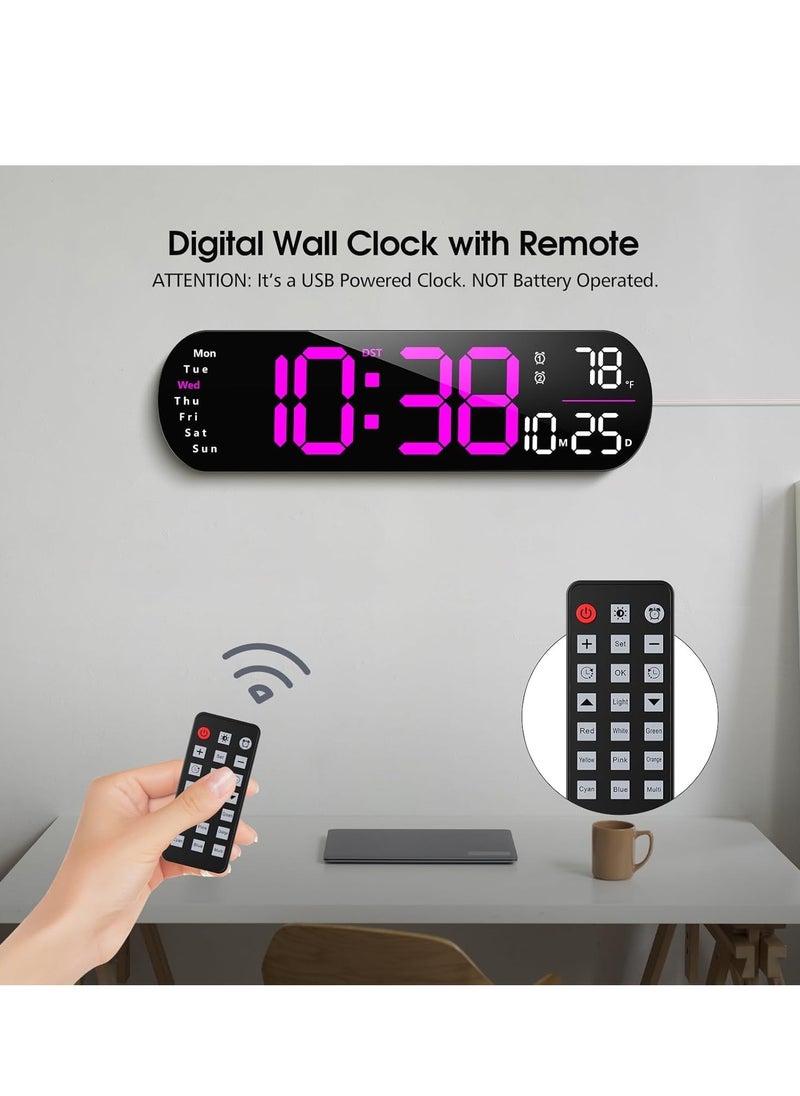 Digital Wall Clock Large Display, 14 inch Large Digital Wall Clock with RGB Color Remote Control, Date Week Temperature DST, Auto Brightness Dimmer Big Clock with Night Lights