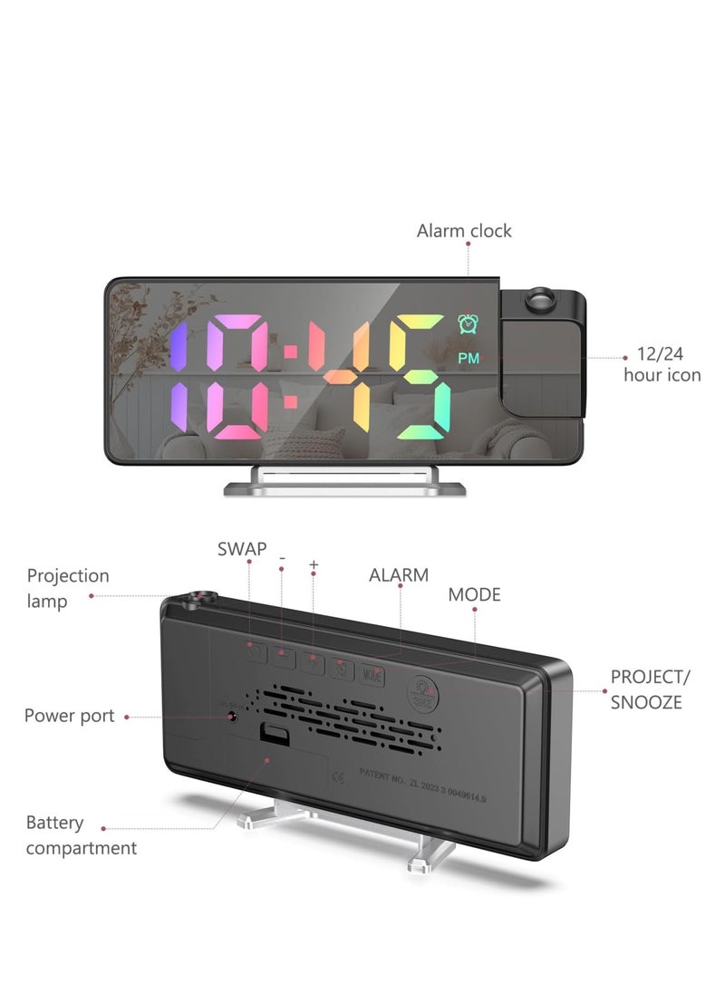 Projection Alarm Clock, LED Alarm Clock with Rotatable Projection, Temperature Display, Adjustable Brightness, Snooze, 7.9'' Large Display Digital Clock for Home Office