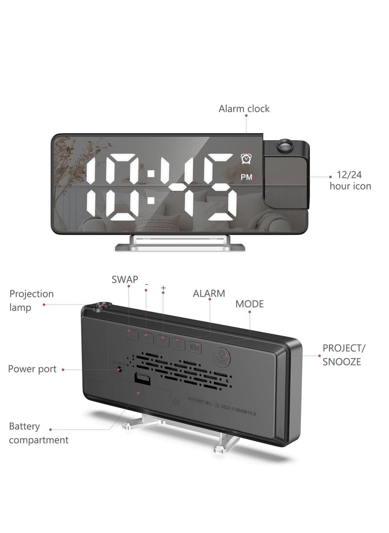 Projection Alarm Clock, LED Alarm Clock with Rotatable Projection, Temperature Display, Adjustable Brightness, Snooze, 7.9'' Large Display Digital Clock for Home Office