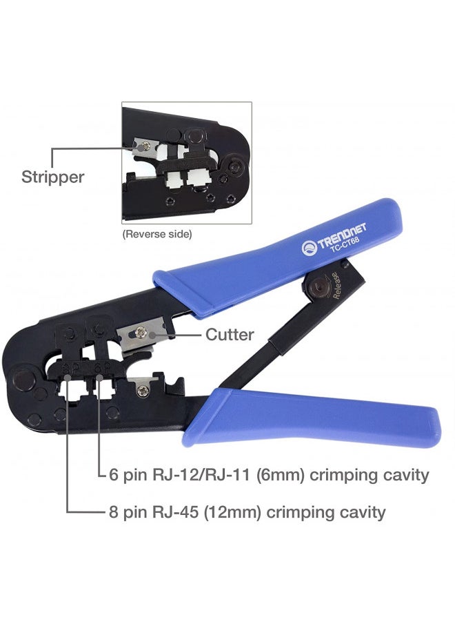 TRENDnet Crimping Tool, Crimp, Cut, And Strip Tool, For Any Ethernet or Telephone Cable, Built-In Cutter And Stripper, 8P-RJ-45 And 6P-RJ-12, RJ-11, All Steel Construction, Black, TC-CT68