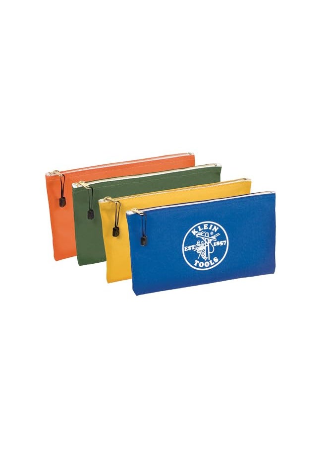 Klein Tools 5140 Canvas Zipper Bag, Tool Pouch, Tool Bag, Utility Bag, Bank Deposit Bag, 12.5 x 7-Inch, Olive/Orange/Blue/Yellow 4-Pack