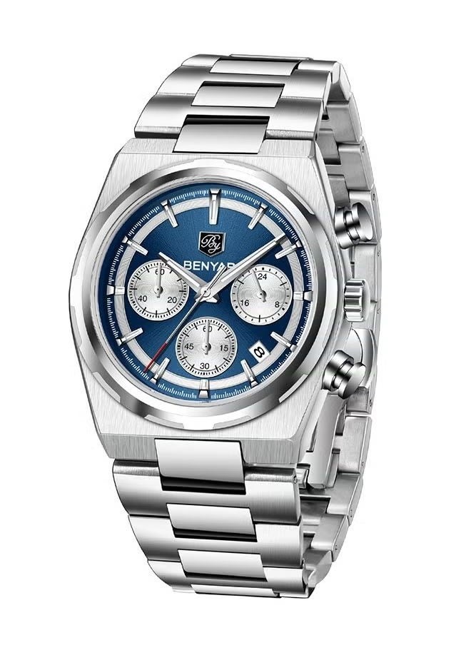 Men's Quartz Watch Stainless Steel Waterproof Chronograph Watch Men's,Luxury Business Sports Gift Watch, Watch BY-5204 SilverDeep Blue