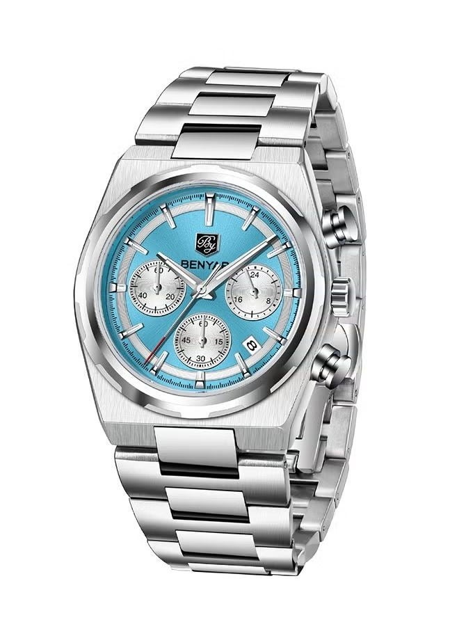 Men's Quartz Watch Stainless Steel Waterproof Chronograph Watch Men's,Luxury Business Sports Gift Watch, Watch BY-5204 Silver Ice Blue