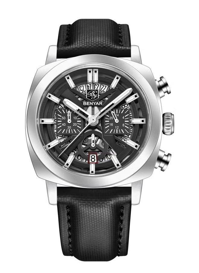 Men's Watch Leather Strap Skeleton Quartz Movement Waterproof Watch Men's Lume Pointer, Watch BY-5205 Silver Black