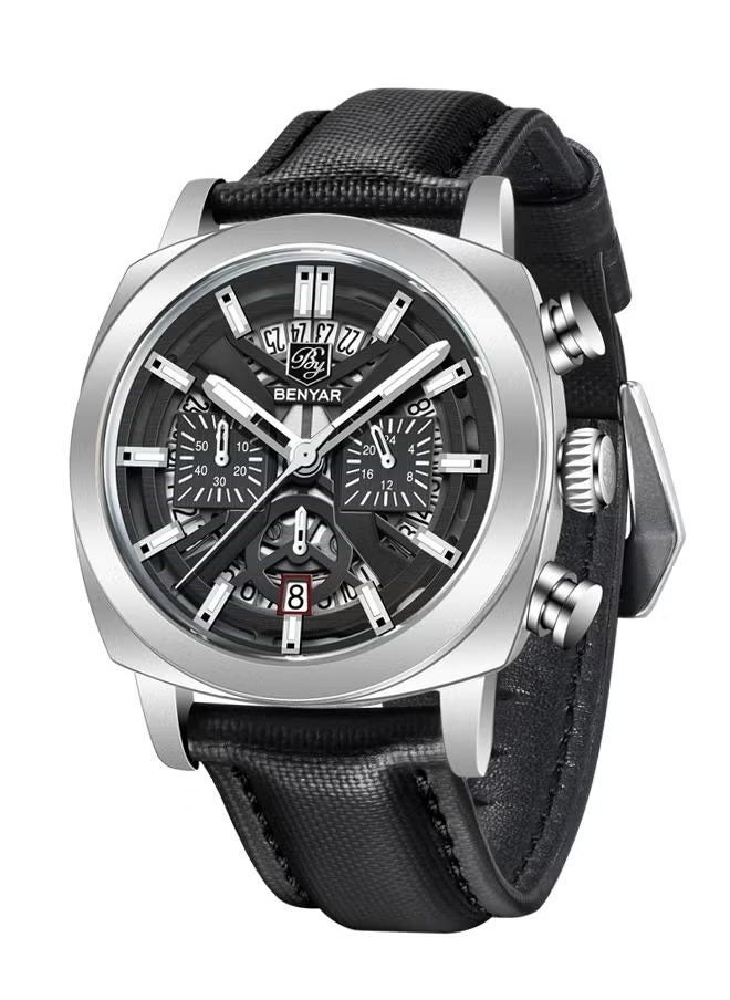 Men's Watch Leather Strap Skeleton Quartz Movement Waterproof Watch Men's Lume Pointer, Watch BY-5205 Silver Black