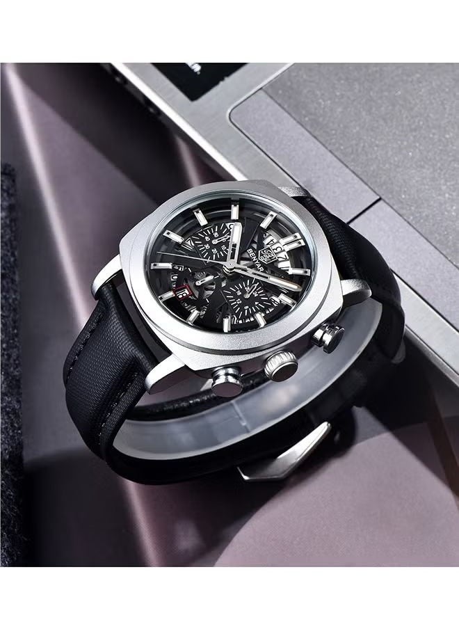 Men's Watch Leather Strap Skeleton Quartz Movement Waterproof Watch Men's Lume Pointer, Watch BY-5205 Silver Black