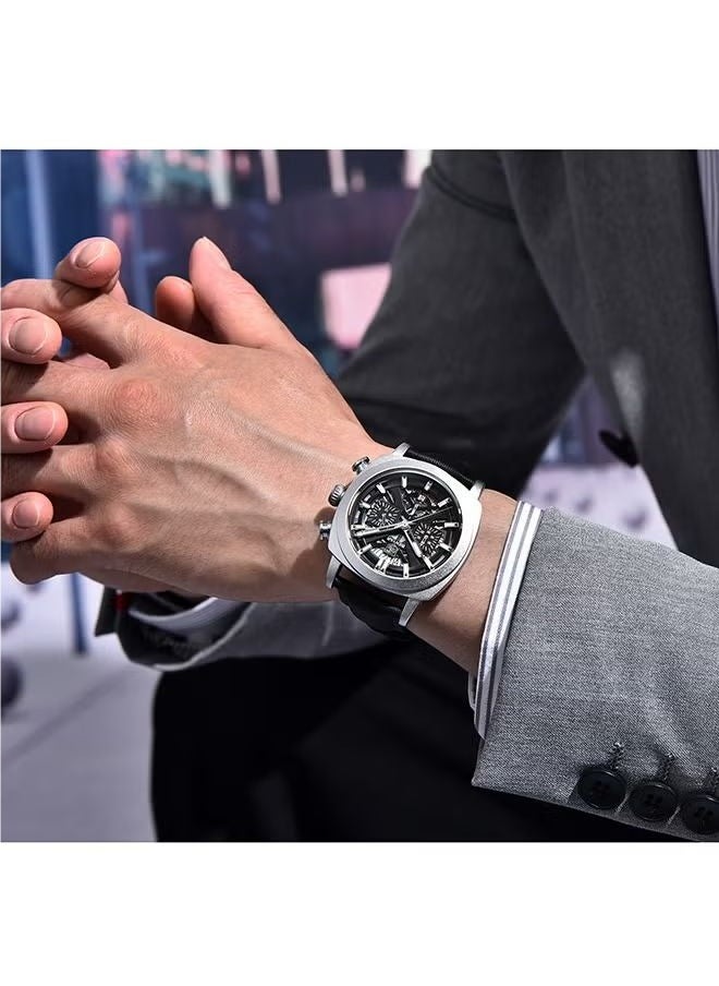 Men's Watch Leather Strap Skeleton Quartz Movement Waterproof Watch Men's Lume Pointer, Watch BY-5205 Silver Black