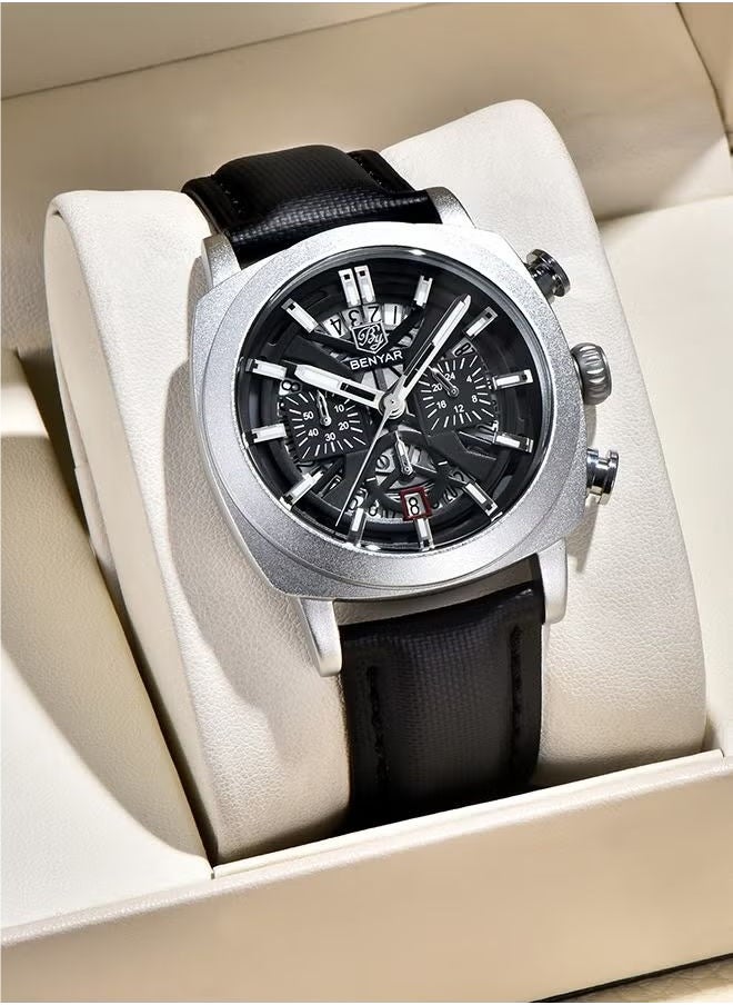 Men's Watch Leather Strap Skeleton Quartz Movement Waterproof Watch Men's Lume Pointer, Watch BY-5205 Silver Black