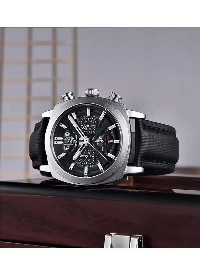Men's Watch Leather Strap Skeleton Quartz Movement Waterproof Watch Men's Lume Pointer, Watch BY-5205 Silver Black