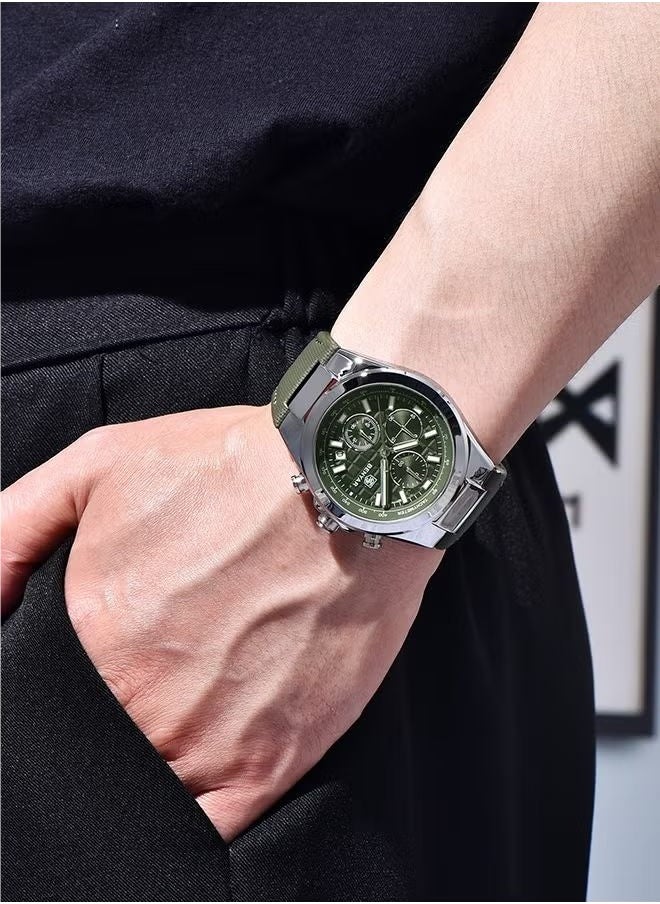 Men's Quartz Leather Strap Sports Chronograph Watch Men's Automatic Date Daily Waterproof, BY-5206 Silver Green