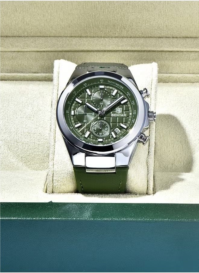 Men's Quartz Leather Strap Sports Chronograph Watch Men's Automatic Date Daily Waterproof, BY-5206 Silver Green