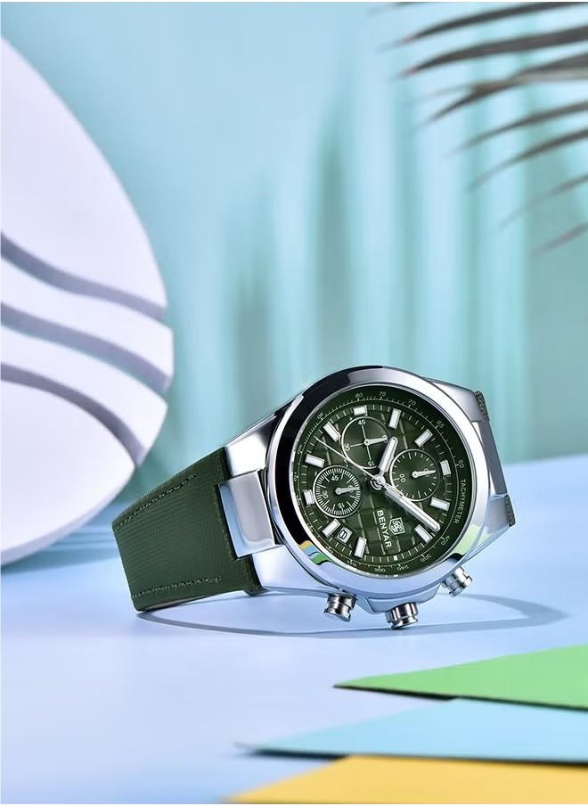 Men's Quartz Leather Strap Sports Chronograph Watch Men's Automatic Date Daily Waterproof, BY-5206 Silver Green