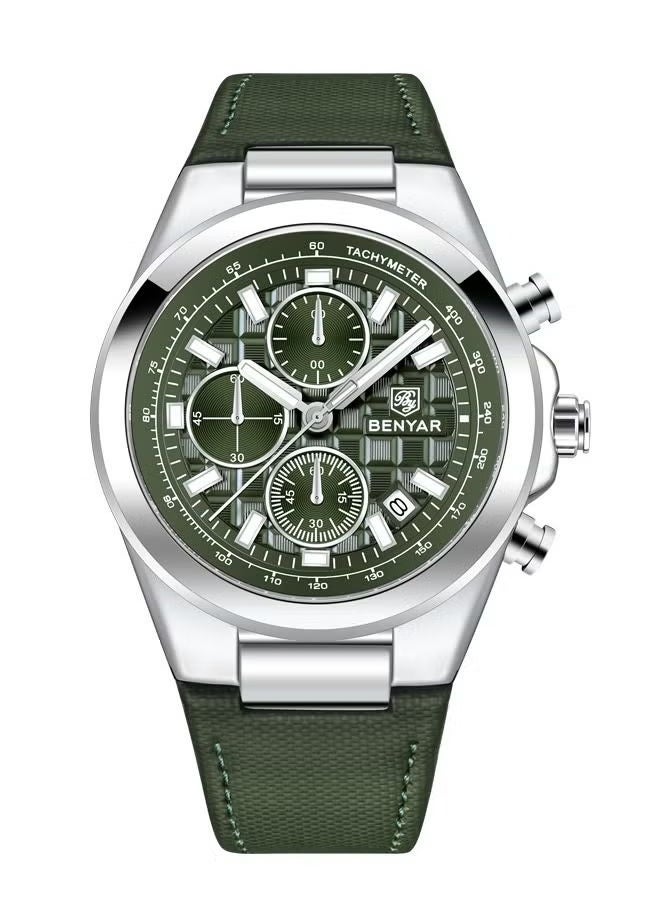 Men's Quartz Leather Strap Sports Chronograph Watch Men's Automatic Date Daily Waterproof, BY-5206 Silver Green