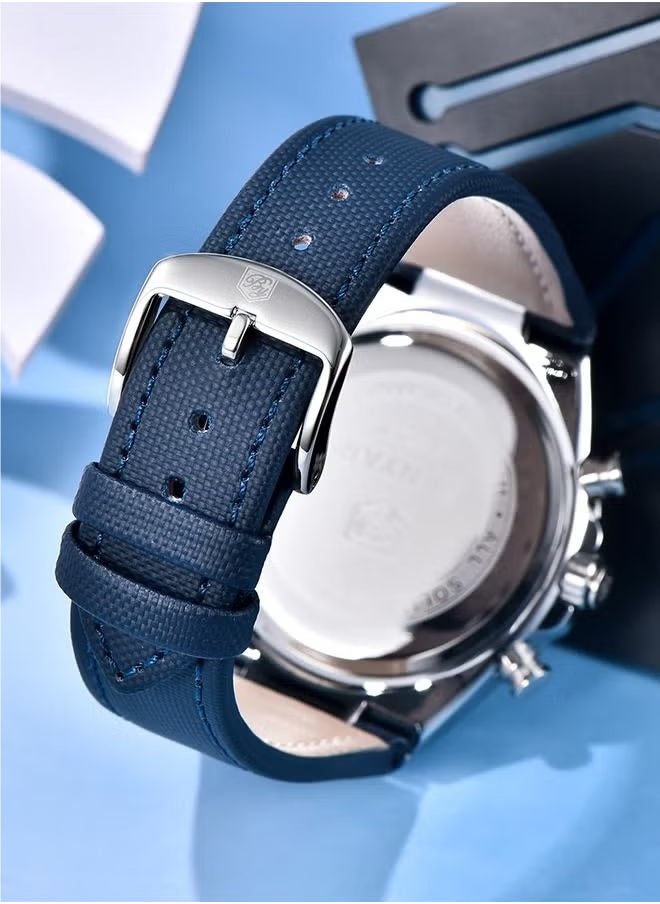 Men's Quartz Leather Strap Sports Chronograph Watch Men's Automatic Date Daily Waterproof, BY-5206 Silver Blue