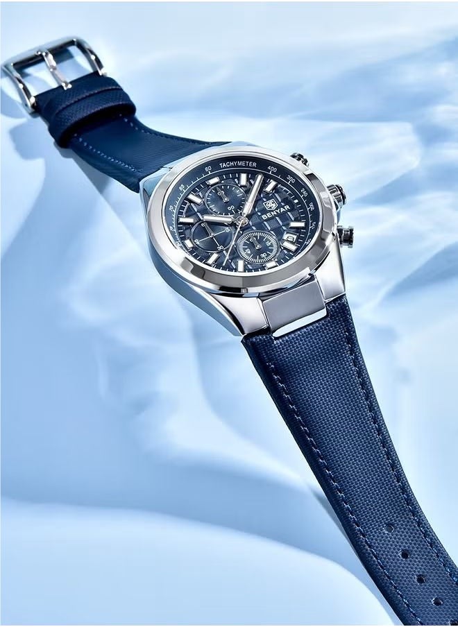 Men's Quartz Leather Strap Sports Chronograph Watch Men's Automatic Date Daily Waterproof, BY-5206 Silver Blue