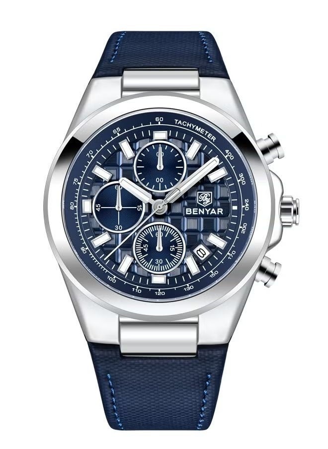 Men's Quartz Leather Strap Sports Chronograph Watch Men's Automatic Date Daily Waterproof, BY-5206 Silver Blue