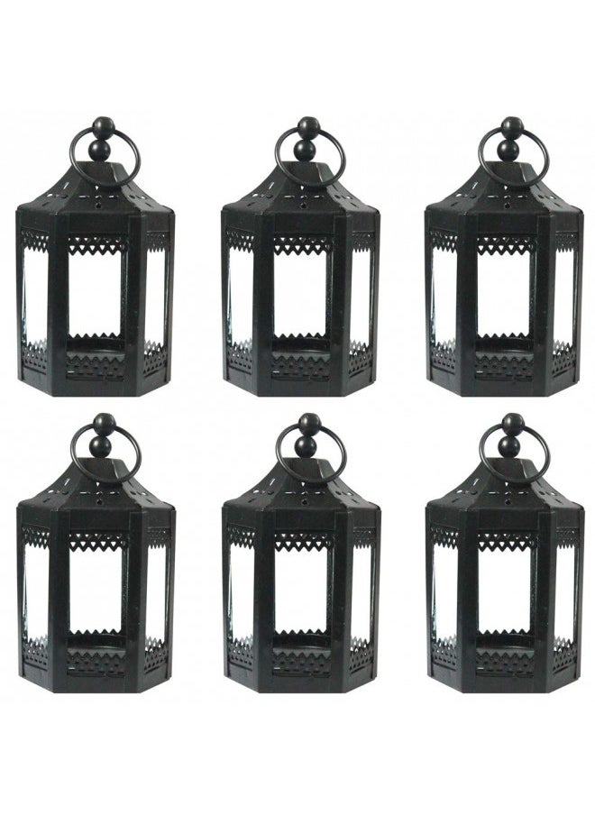 Vela Lanterns Mini Small 4.5 Inch Metal Moroccan Lanterns Decorative Candle Tealight Holders for Home Decor, Black, Set of 6