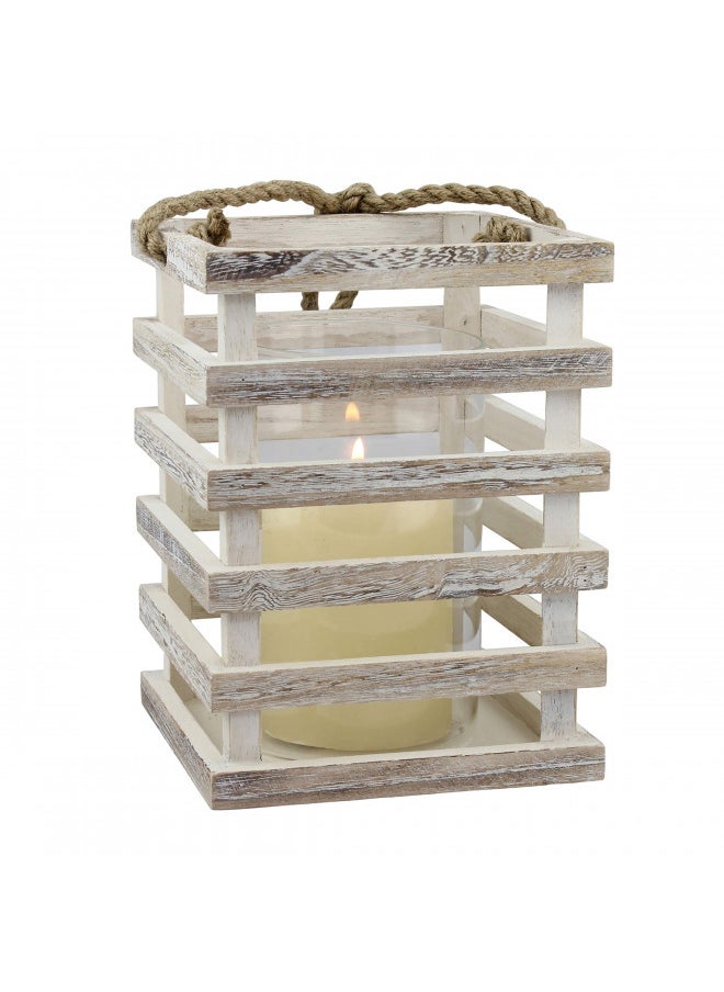 Stonebriar SB-5080B Worn White Wooden Beach House Candle Lantern with Rope Handle and Removable Glass Cylinder Hurricane, MEDIUM