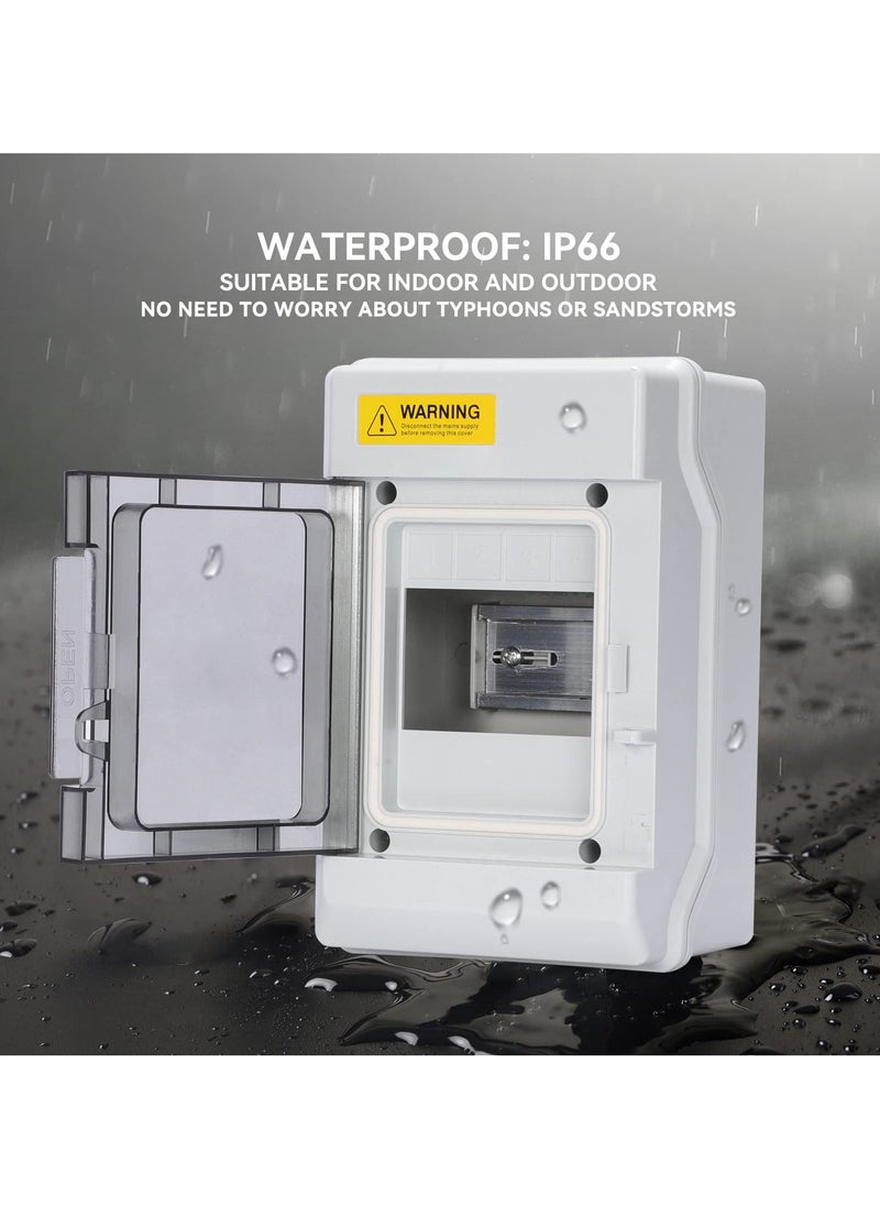 4-Way Waterproof Power Distribution Box with Bus Bars and DIN Rail, IP66 Rated for Miniature Circuit Breakers, Ideal for Indoor/Outdoor Applications