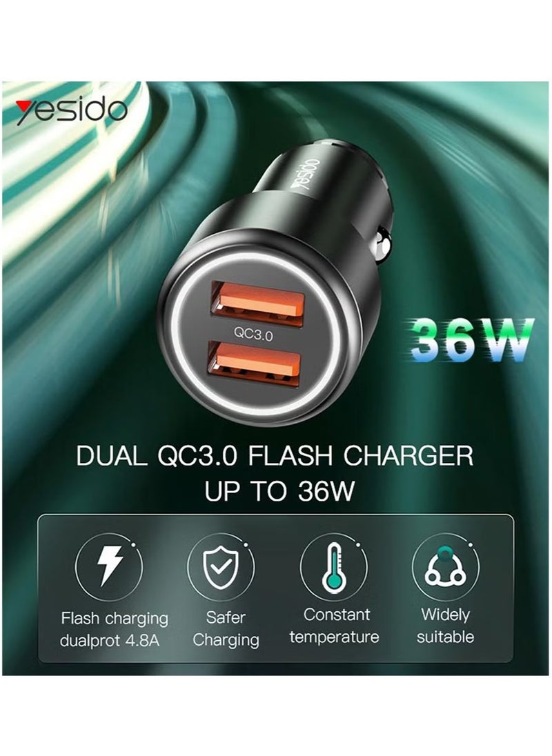 Y43 Fast Charger 36W Dual QC 3.0 Car Super Fast USB Charger Dual Quick 2 Port USB Car Charger Adapter - Black
