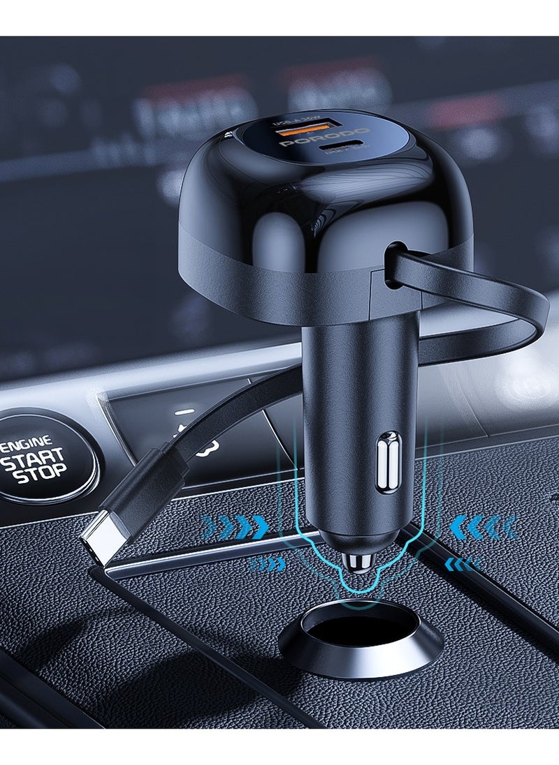 Retractable Car Charger with Collapsible Type C Cables / Dual Port / Simultaneous Charging / 80cm Retractable Cable / Universal Compatibility / 47W Car Charger  - Black