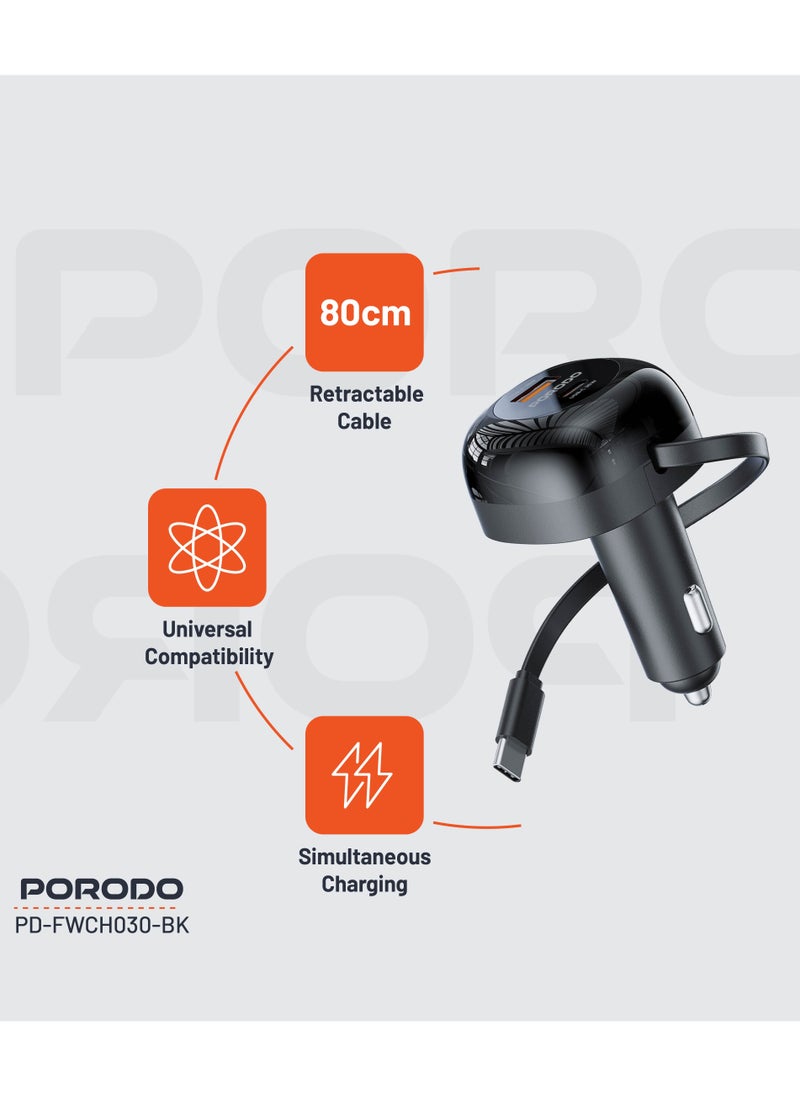 Retractable Car Charger with Collapsible Type C Cables / Dual Port / Simultaneous Charging / 80cm Retractable Cable / Universal Compatibility / 47W Car Charger  - Black