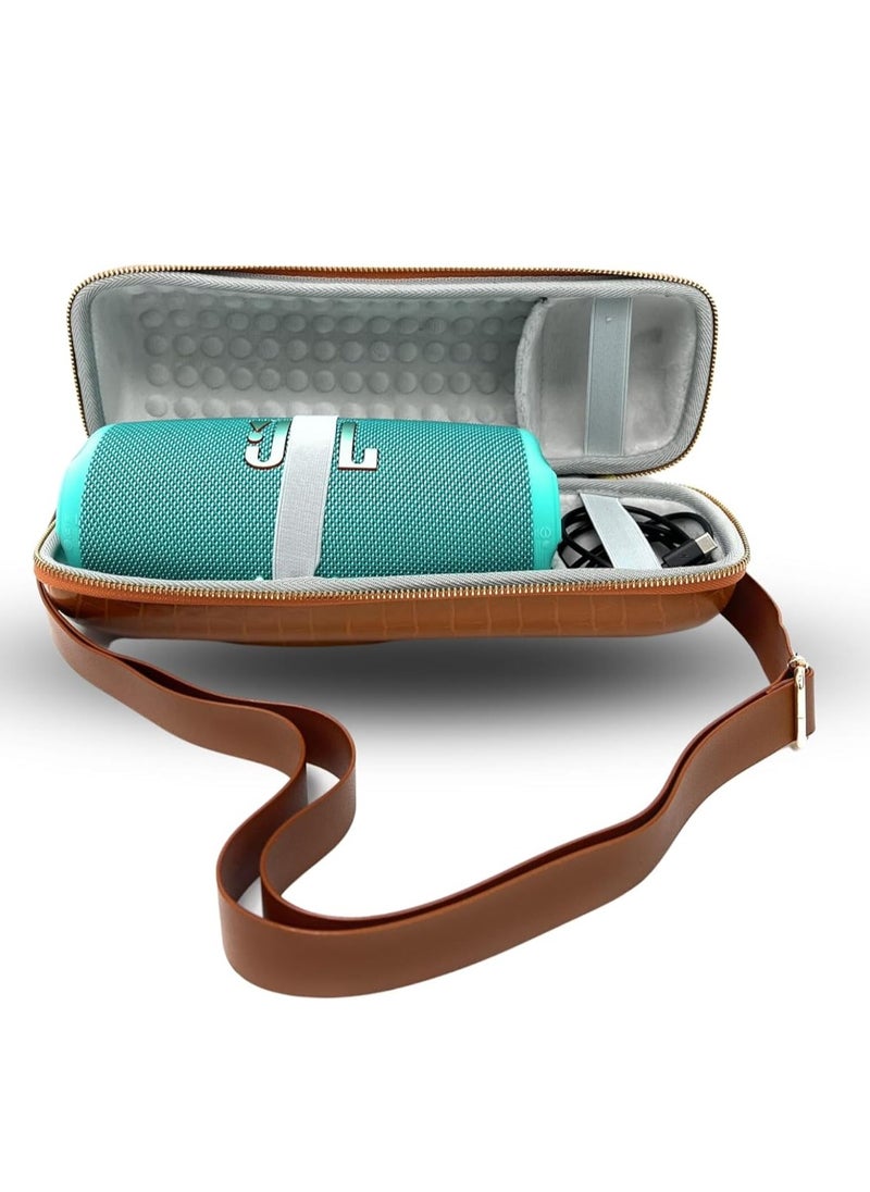 LEATHER TRAVEL BAG FOR JBL CHARGE 5 PORTABLE WATERPROOF SPEAKER, HARD CARRYING STORAGE CASE (BROWN)