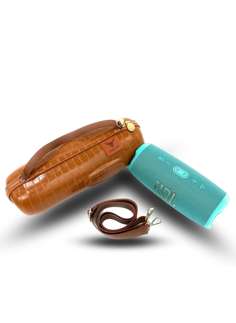 LEATHER TRAVEL BAG FOR JBL CHARGE 5 PORTABLE WATERPROOF SPEAKER, HARD CARRYING STORAGE CASE (BROWN)