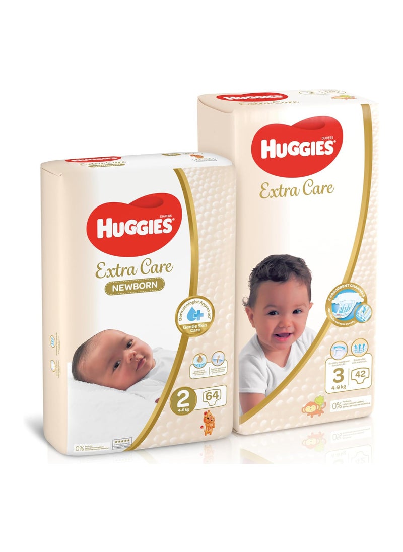 Extra Care Upsize Pack (Size 2-64 Diapers) and (Size 3-42 Diapers)-128 Diapers