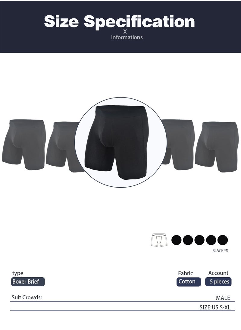 Men's 5-Pack Boxer Briefs - Mid-Rise, Anti-Chafing Stretch Cotton, Breathable Athletic Underwear in Pure Black - Available in L