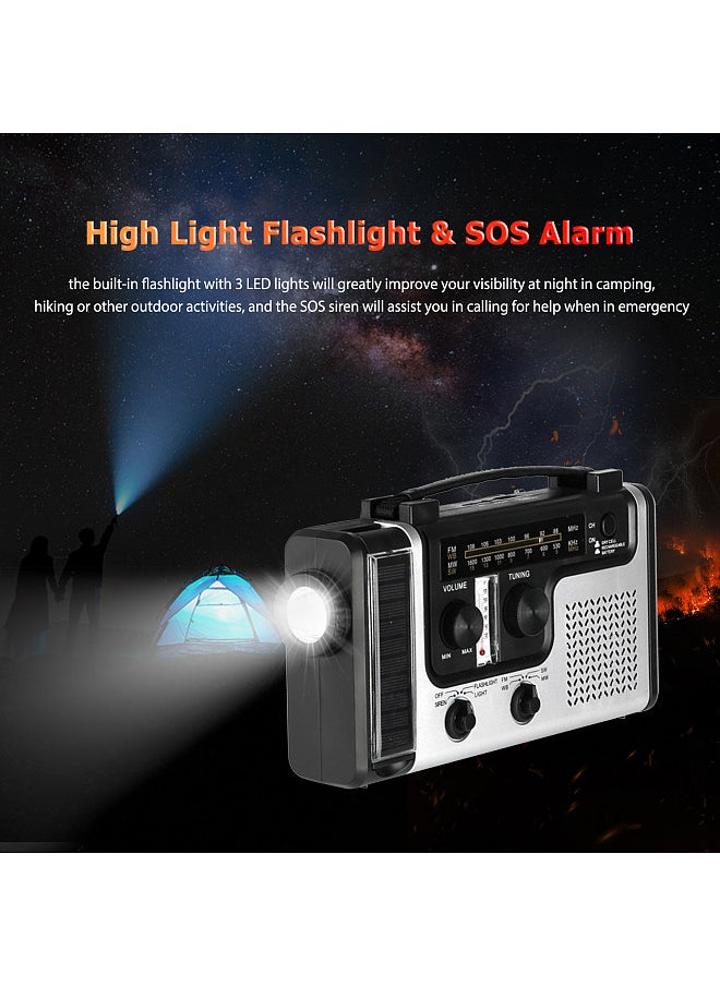 Emergency Radio, Hand Crank Solar Radio, 1200mAh Rechargeable Portable Power Bank, LED Flashlight, Reading Lamp,s SOS Siren, AM / FM / SW1 / SW2 World Band Receiver, Battery Operated, Solar Cell Phone Charger, Built-in Speaker,  for Camping Hiking Outdoor Activity