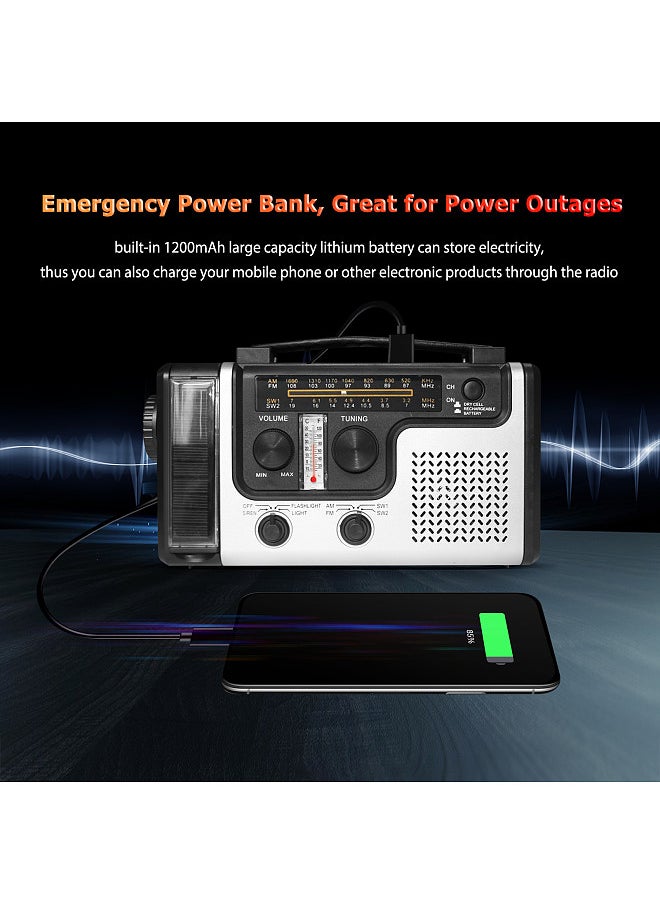 Emergency Radio, Hand Crank Solar Radio, 1200mAh Rechargeable Portable Power Bank, LED Flashlight, Reading Lamp,s SOS Siren, AM / FM / SW1 / SW2 World Band Receiver, Battery Operated, Solar Cell Phone Charger, Built-in Speaker,  for Camping Hiking Outdoor Activity