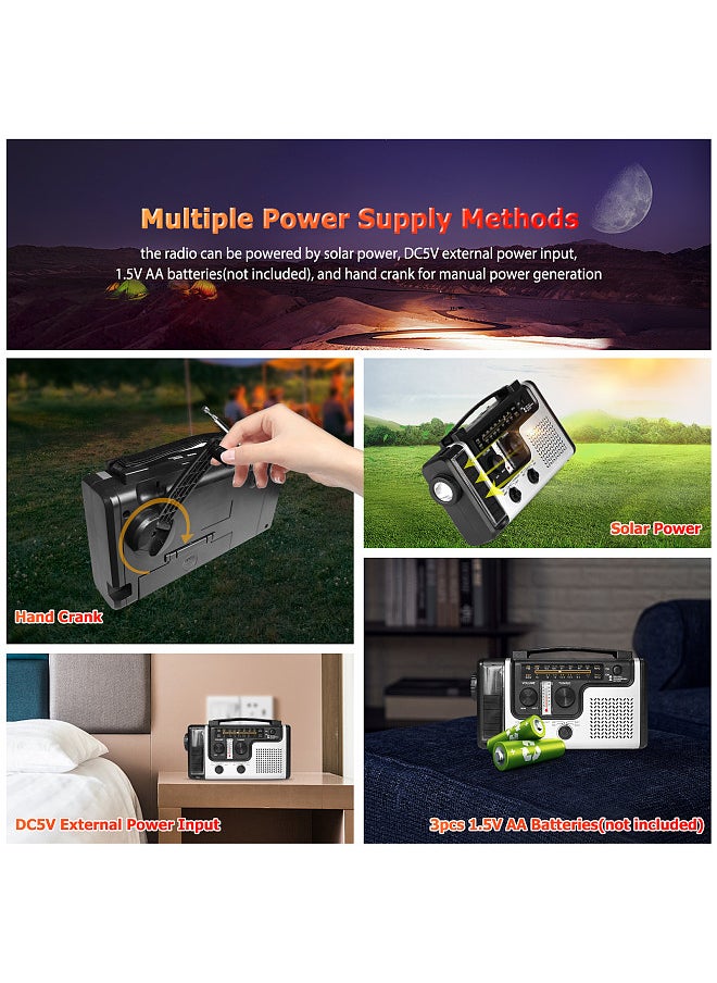 Emergency Radio, Hand Crank Solar Radio, 1200mAh Rechargeable Portable Power Bank, LED Flashlight, Reading Lamp,s SOS Siren, AM / FM / SW1 / SW2 World Band Receiver, Battery Operated, Solar Cell Phone Charger, Built-in Speaker,  for Camping Hiking Outdoor Activity