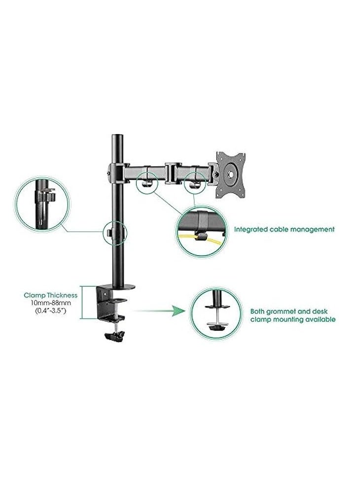 Single Monitor Fully Adjustable Computer Desk Mount Articulating Stand For 10in LCD Screen up to 27in VESA 75 x 75