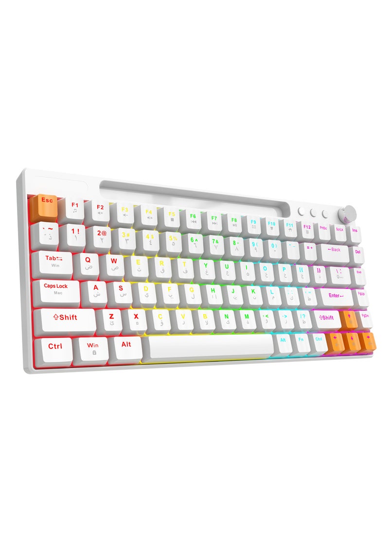 Wired Mechanical Keyboard with 23 Different Backlighting Modes and Rotary Knob for Easy Audio Control / 84 Keys US Plus Arabic / Gaming and Fast Typing - White