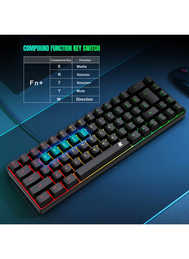 ROCK POW 60% Wired Gaming Keyboard RGB Backlit Mini Keyboard Waterproof Small Ultra-Compact 68 Keys Keyboard for PC/Mac Gamer Typist Travel Easy to Carry on Business Trip Black