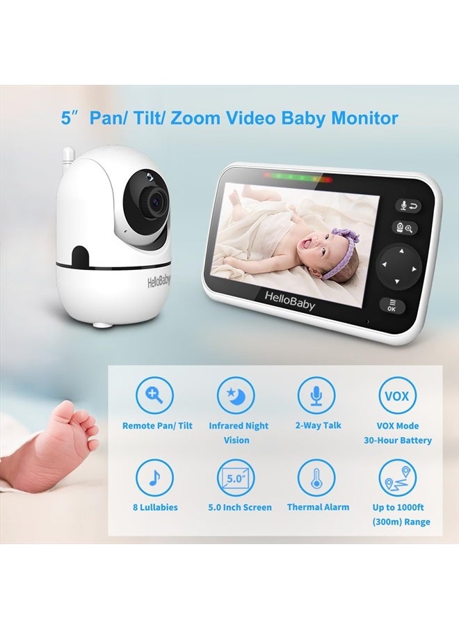 Upgrade Baby Monitor, 5'' Screen with 30-Hour Battery, Pan-Tilt-Zoom Video Baby Monitor with Camera and Audio, Night Vision, VOX, 2-Way Talk, 8 Lullabies and 1000ft Range No WiFi