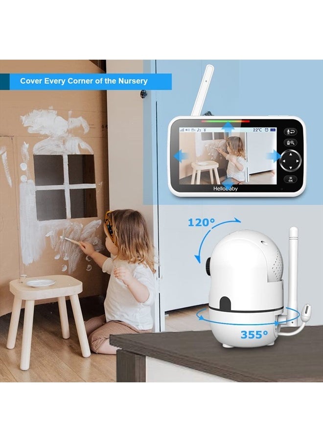 Upgrade Baby Monitor, 5'' Screen with 30-Hour Battery, Pan-Tilt-Zoom Video Baby Monitor with Camera and Audio, Night Vision, VOX, 2-Way Talk, 8 Lullabies and 1000ft Range No WiFi