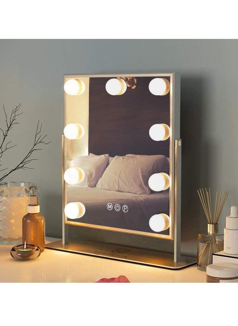 Vanity Mirror with Lights Hollywood Lighted Makeup Mirror with 9 LED Bulbs, 3Colors Dimable Light Detachable 10X Magnification(White)