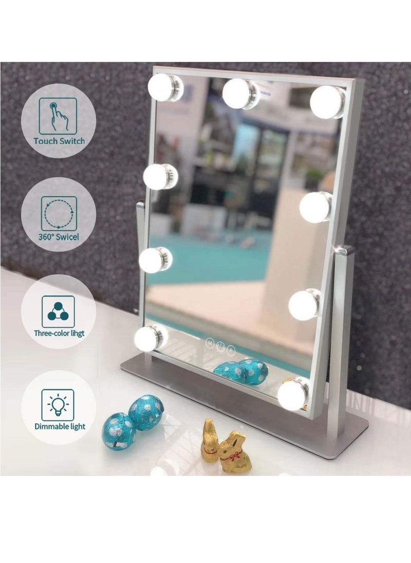 Vanity Mirror with Lights Hollywood Lighted Makeup Mirror with 9 LED Bulbs, 3Colors Dimable Light Detachable 10X Magnification(White)