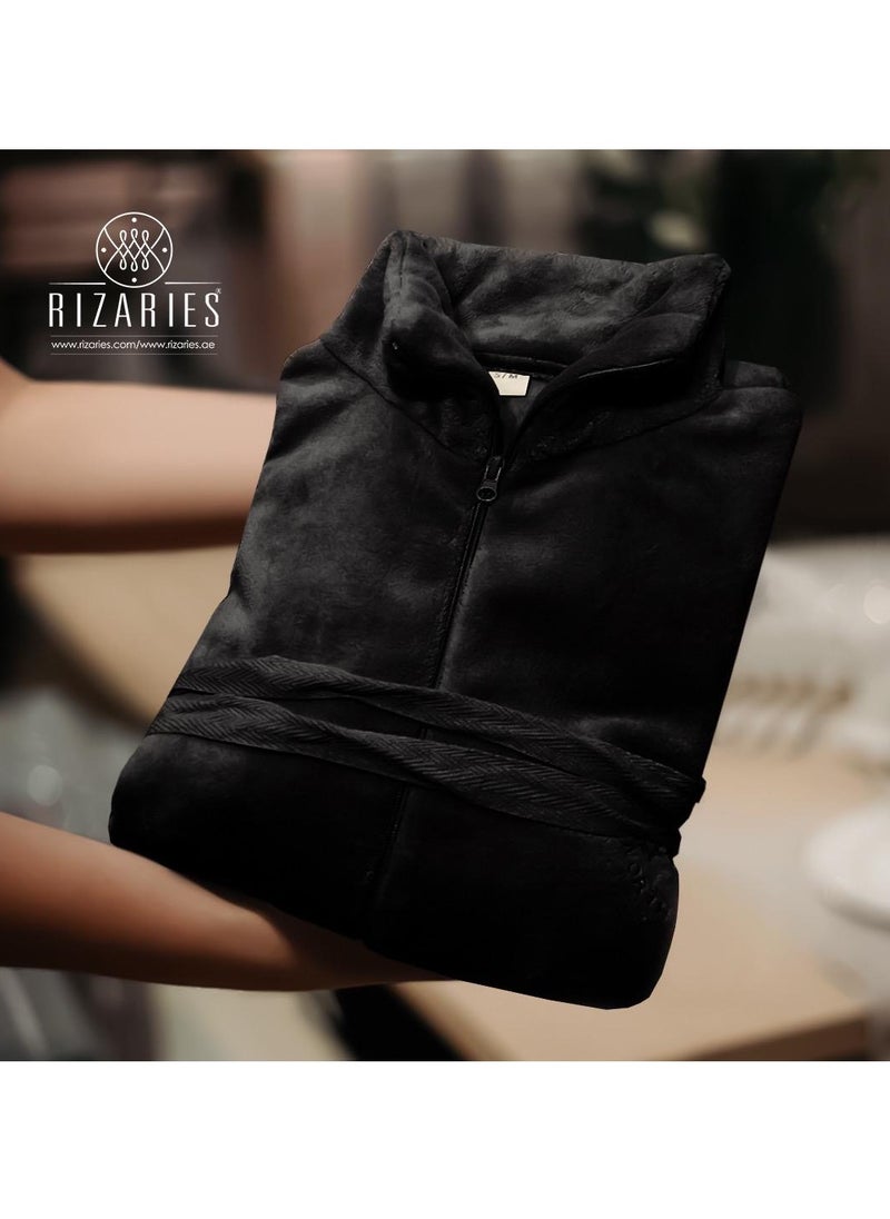 Luxury Bathrobe - Soft Fleece Zipper Robe - Water Absorbing - Black - Unisex