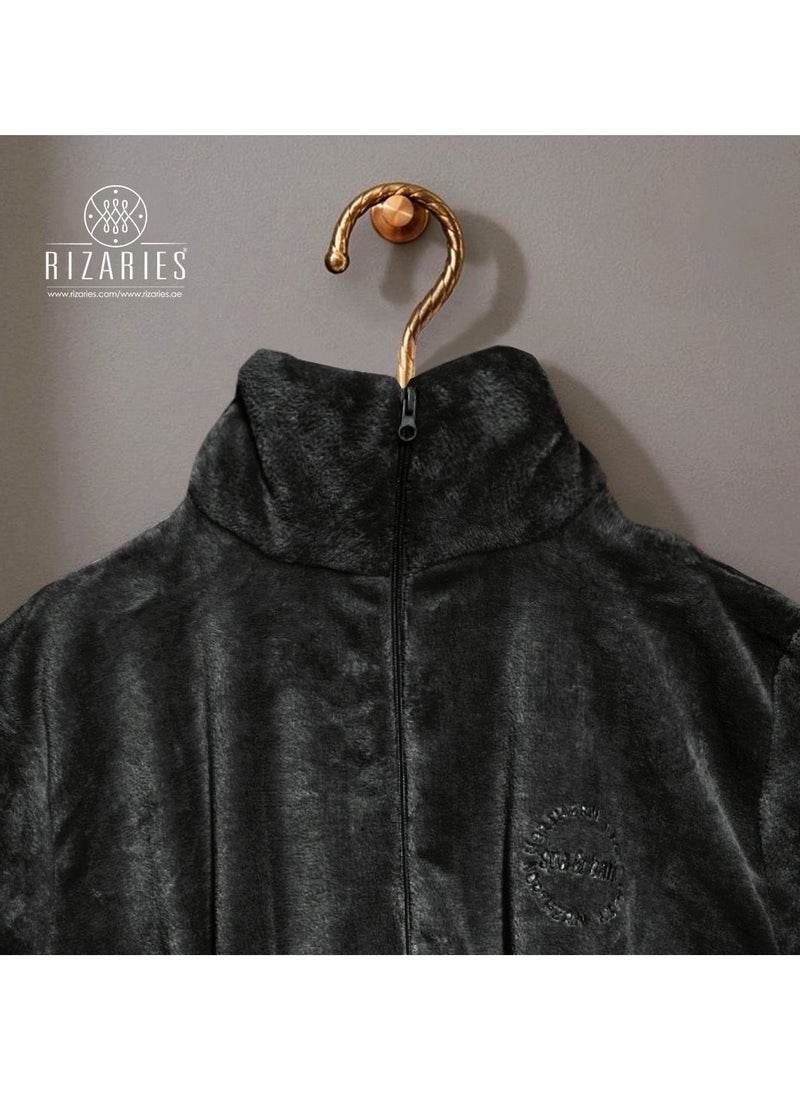 Luxury Bathrobe - Soft Fleece Zipper Robe - Water Absorbing - Black - Unisex