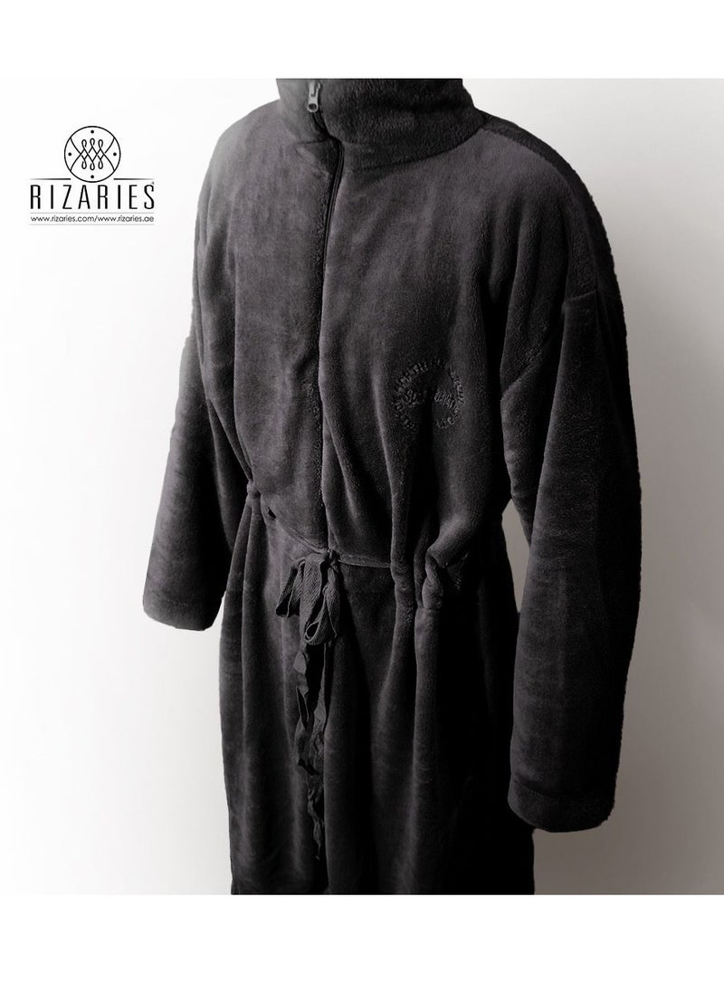 Luxury Bathrobe - Soft Fleece Zipper Robe - Water Absorbing - Black - Unisex