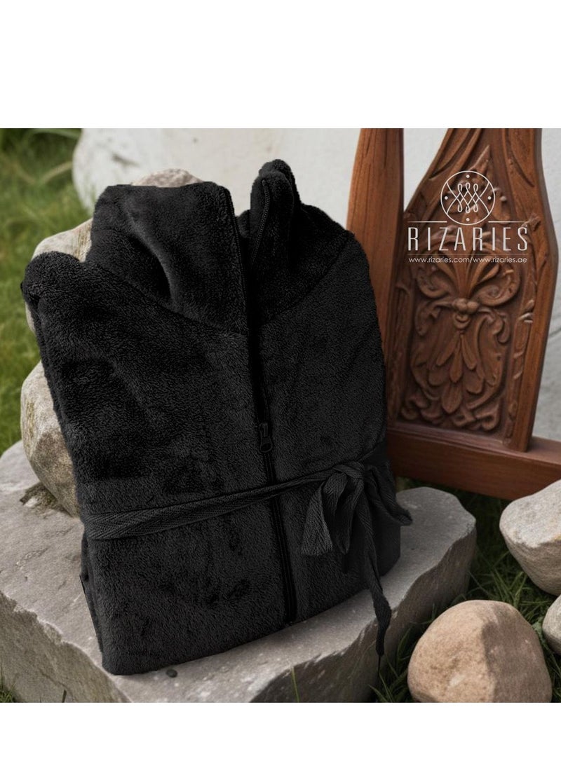 Luxury Bathrobe - Soft Fleece Zipper Robe - Water Absorbing - Black - Unisex