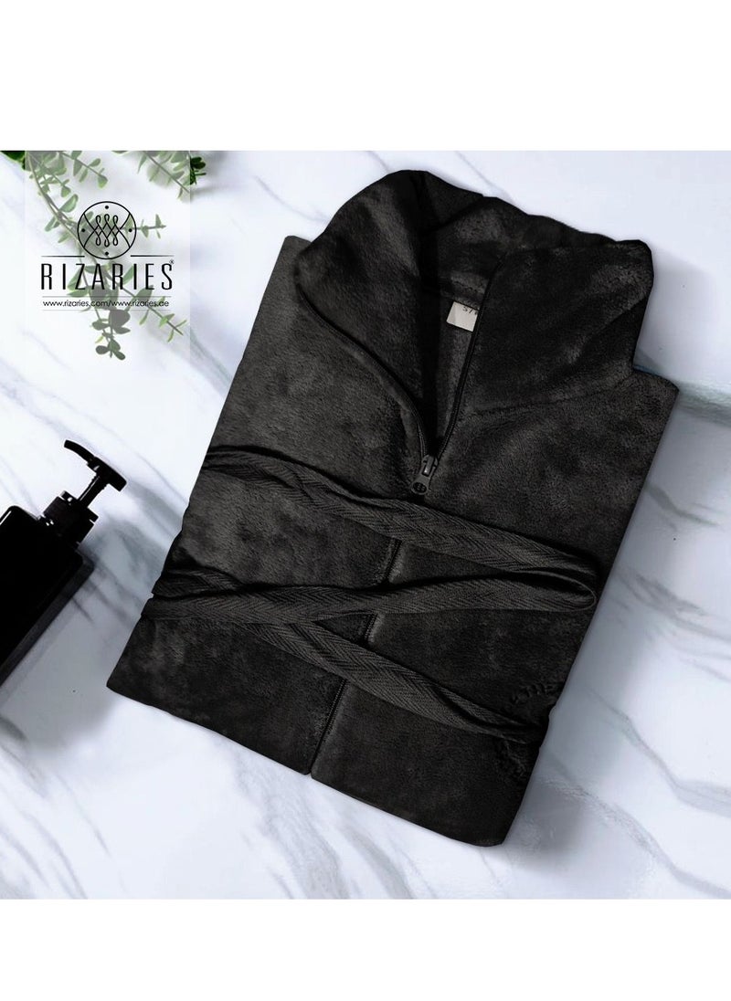 Luxury Bathrobe - Soft Fleece Zipper Robe - Water Absorbing - Black - Unisex