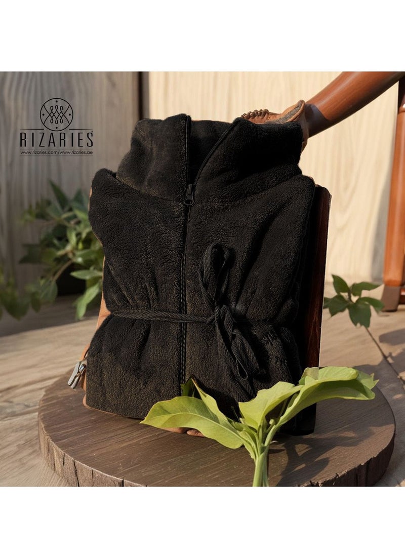 Luxury Bathrobe - Soft Fleece Zipper Robe - Water Absorbing - Black - Unisex