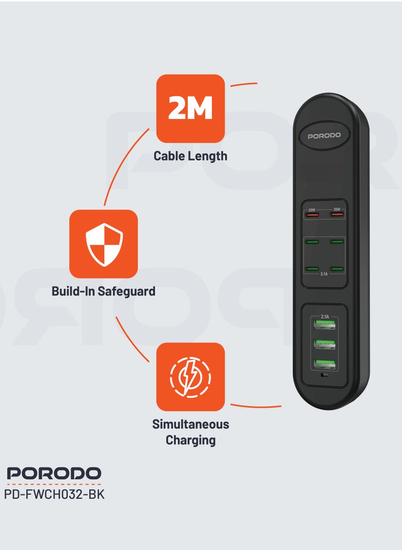 50W Multi-Port USB Charging Hub / Simultaneous Charging / 2M Cable Length / Built-In Safeguards - Black