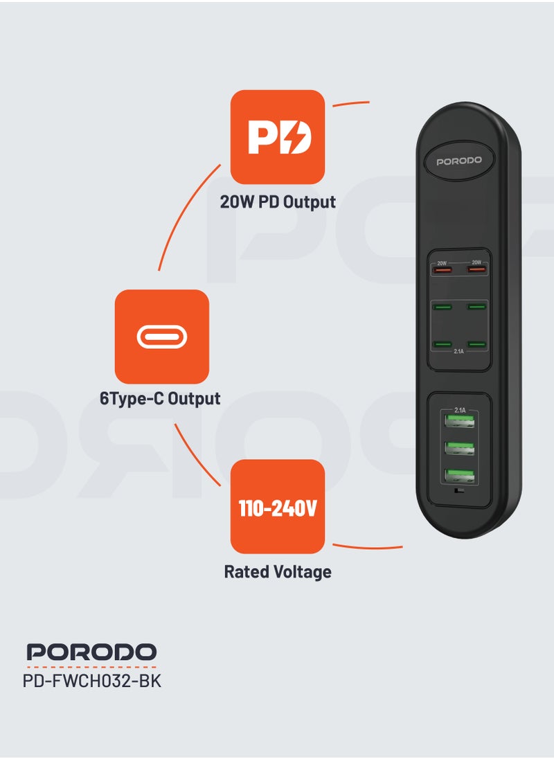 50W Multi-Port USB Charging Hub / Simultaneous Charging / 2M Cable Length / Built-In Safeguards - Black